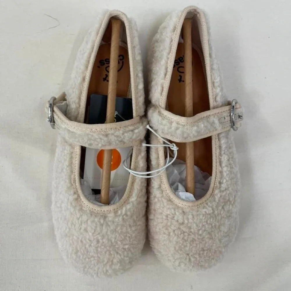 Cream & tan faux fur Mary Jane ballet flats